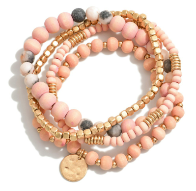 JUDSON Set of Four Semi-Precious Beaded Stretch Bracelet Stone, Wood Beads 3 Different Colors