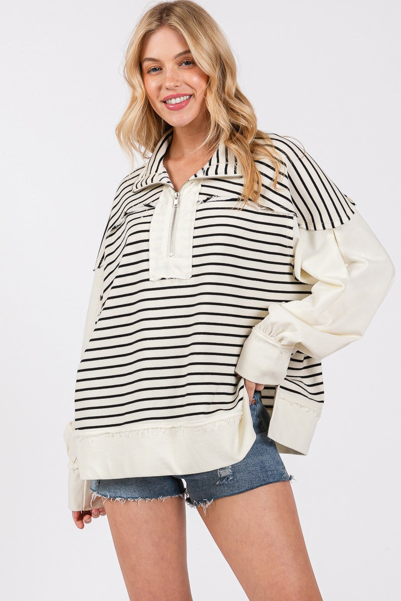 SEWN+SEEN Half Zip Striped Mixed Sweatshirt