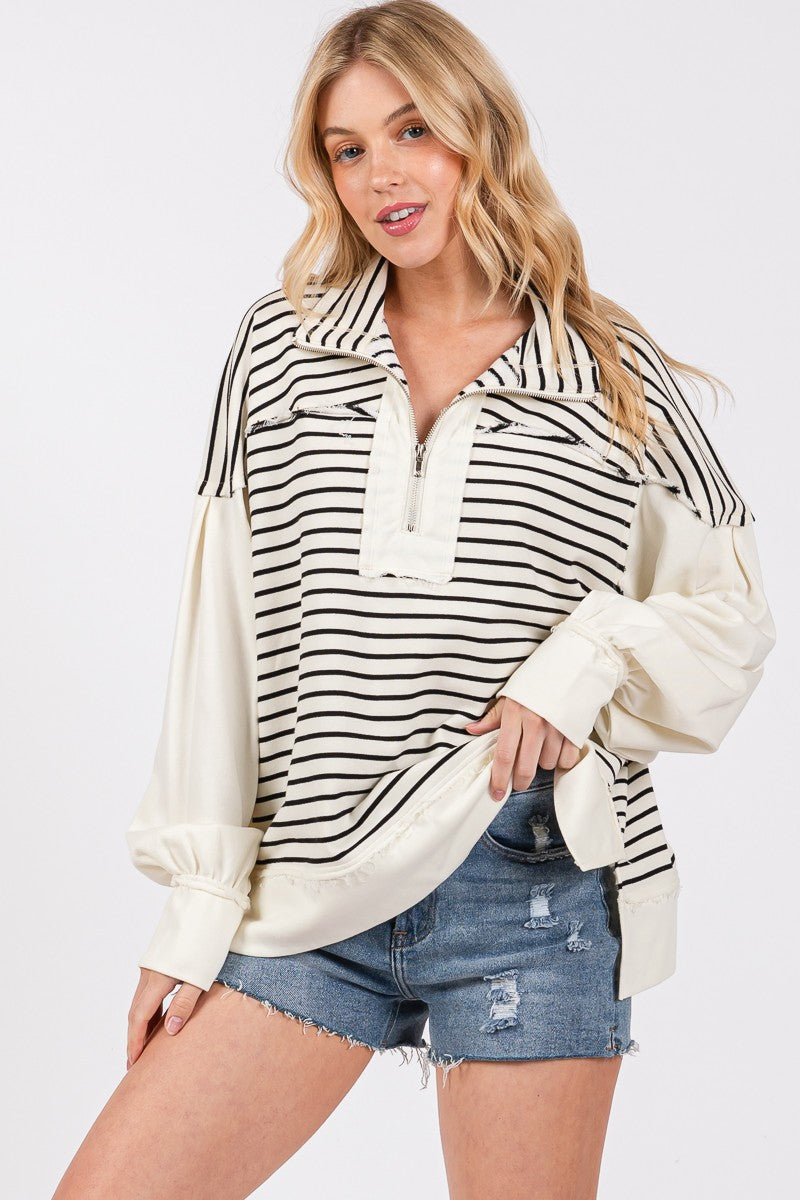 SEWN+SEEN Half Zip Striped Mixed Sweatshirt