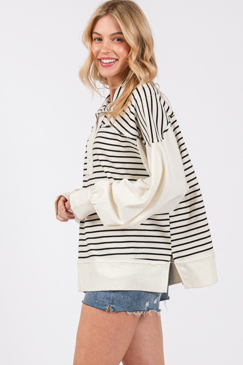 SEWN+SEEN Half Zip Striped Mixed Sweatshirt