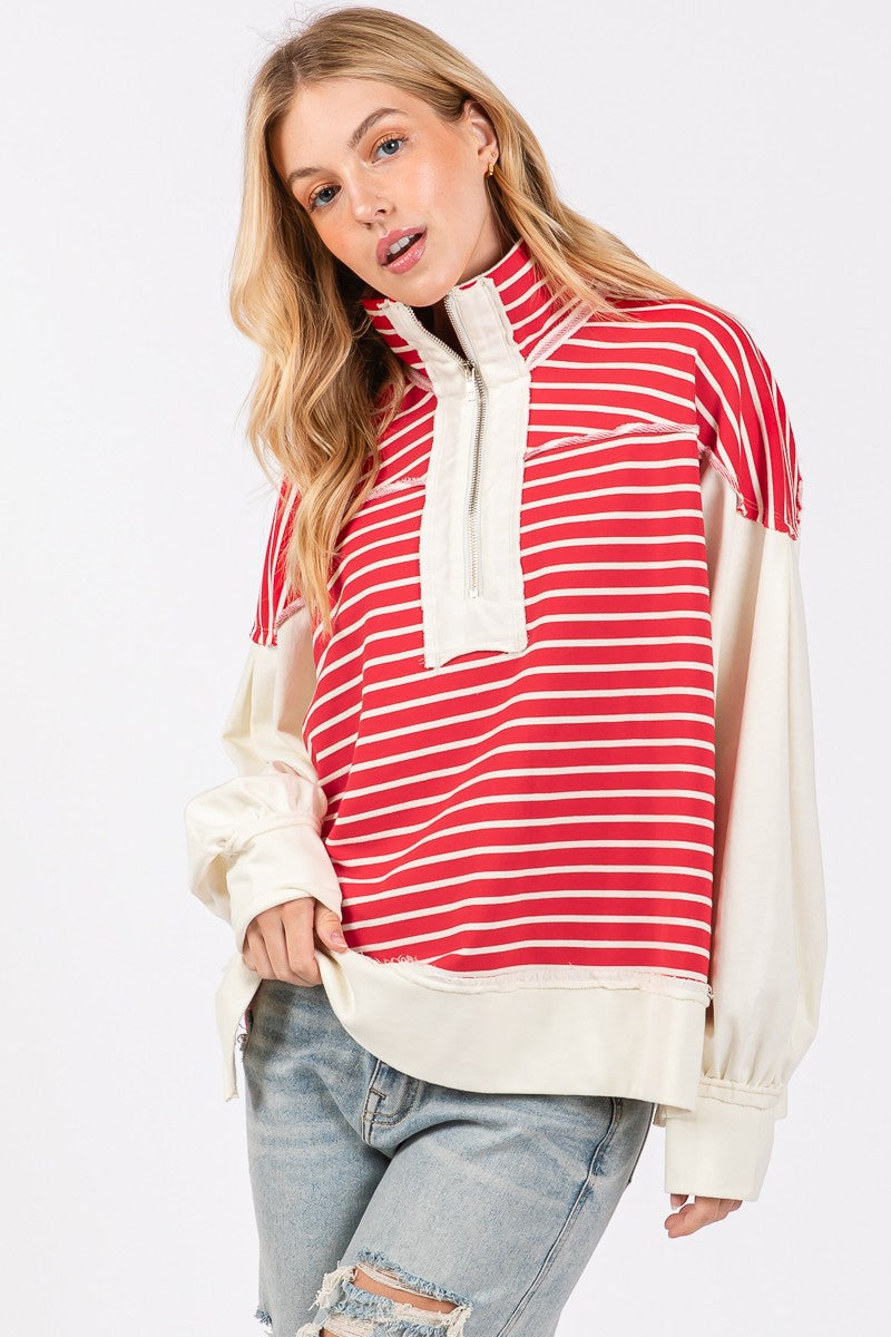 SEWN+SEEN Half Zip Striped Mixed Sweatshirt