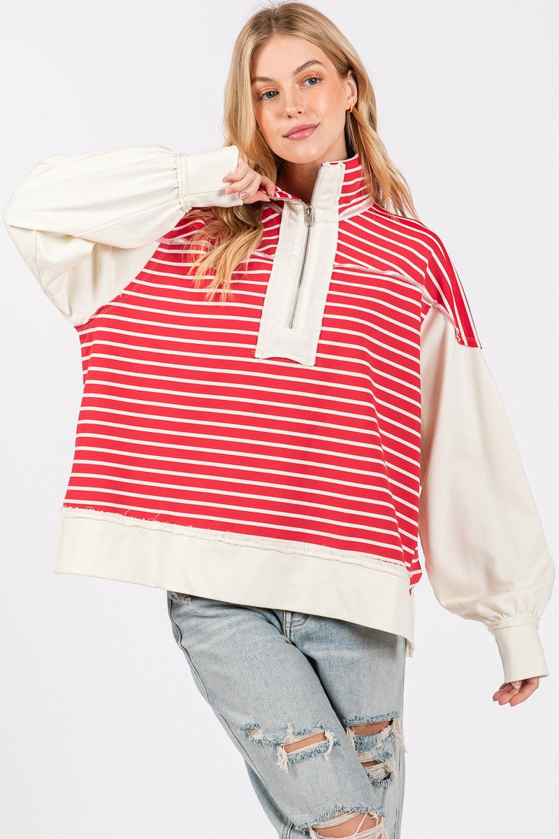 SEWN+SEEN Half Zip Striped Mixed Sweatshirt