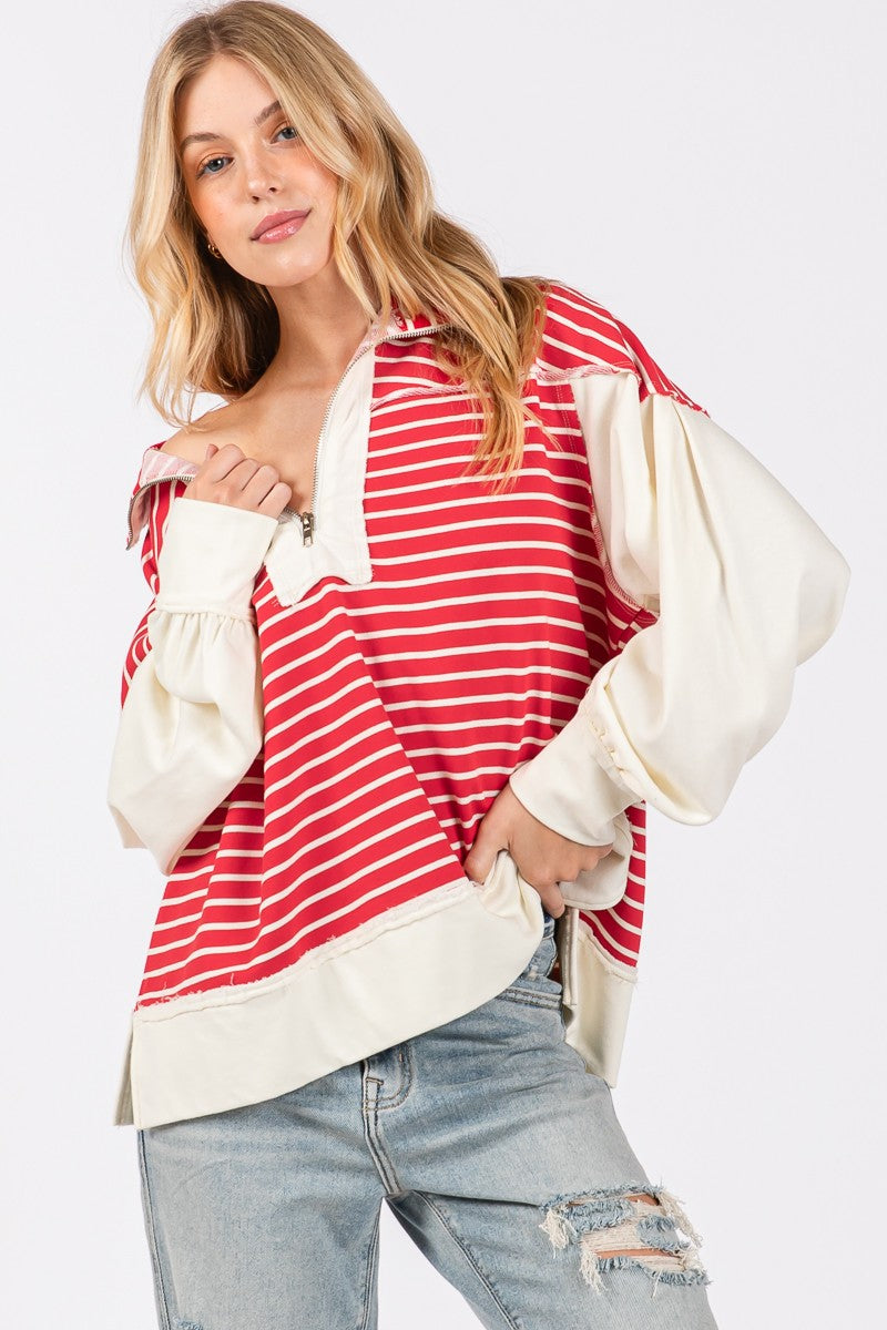 SEWN+SEEN Half Zip Striped Mixed Sweatshirt