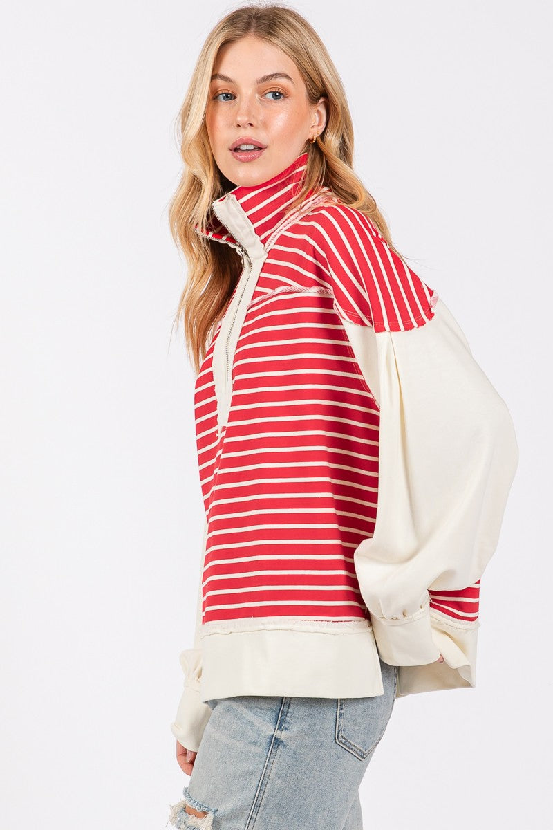 SEWN+SEEN Half Zip Striped Mixed Sweatshirt