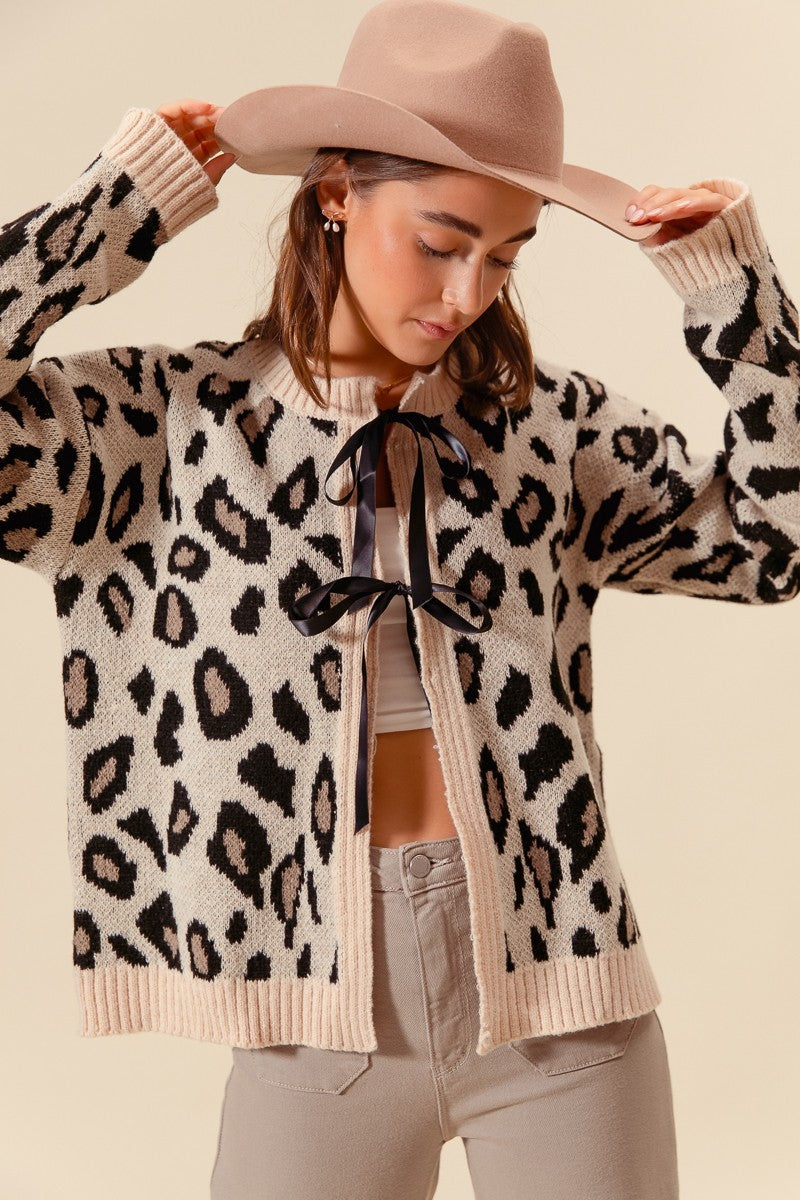 SO ME Front Bow Tie Leopard Sweater Cardigan