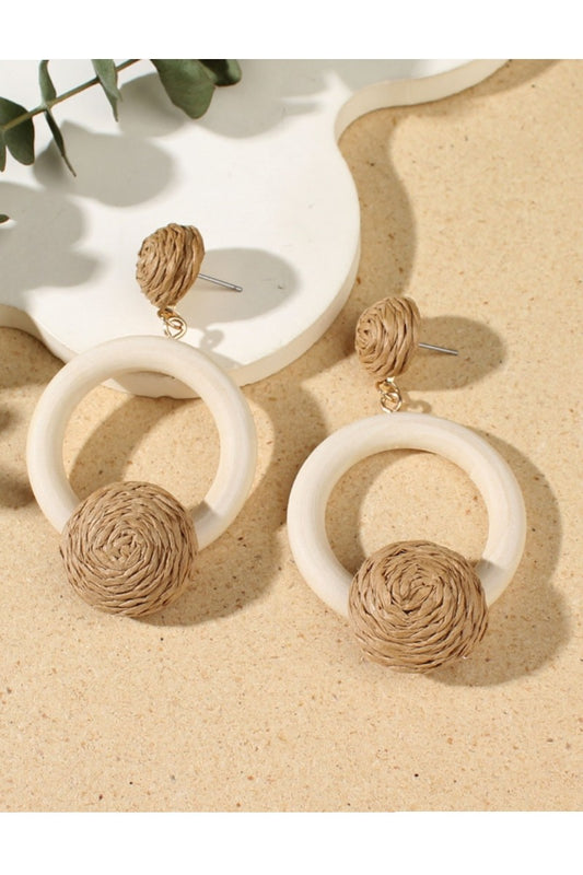SWAN Raffia Wood Tassel Straw Woven Stud Earrings