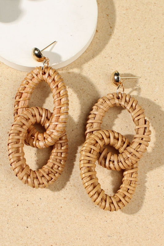 SWAN Raffia Double Drop Tassel Straw Woven Stud Earrings