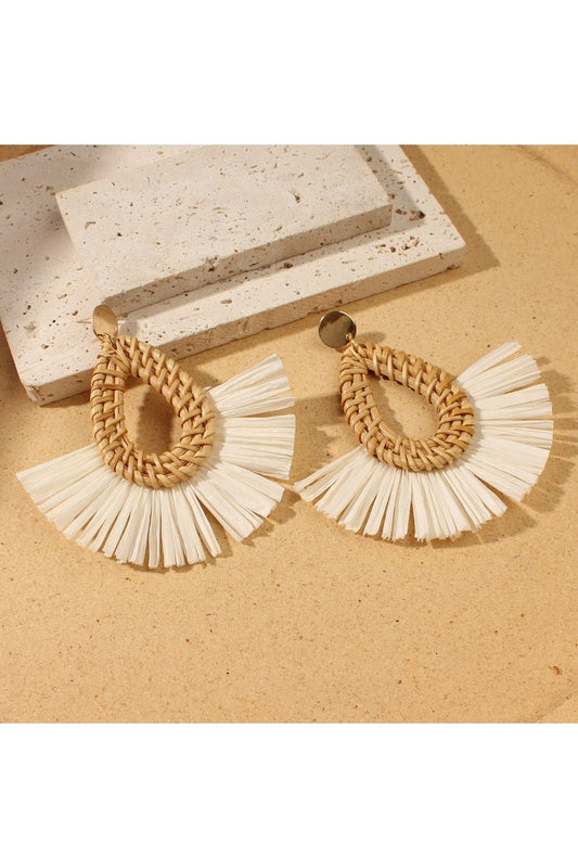 SWAN Raffia Fan Tassel Straw Woven Stud Earrings