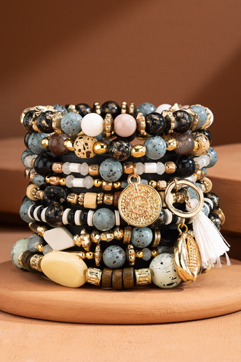 URBANISTA  9 Layered Natural Stone & Bead Stack Bracelets