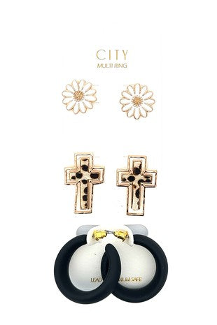 URBANISTA Cross Earring Set with Black Hoop & Flowers