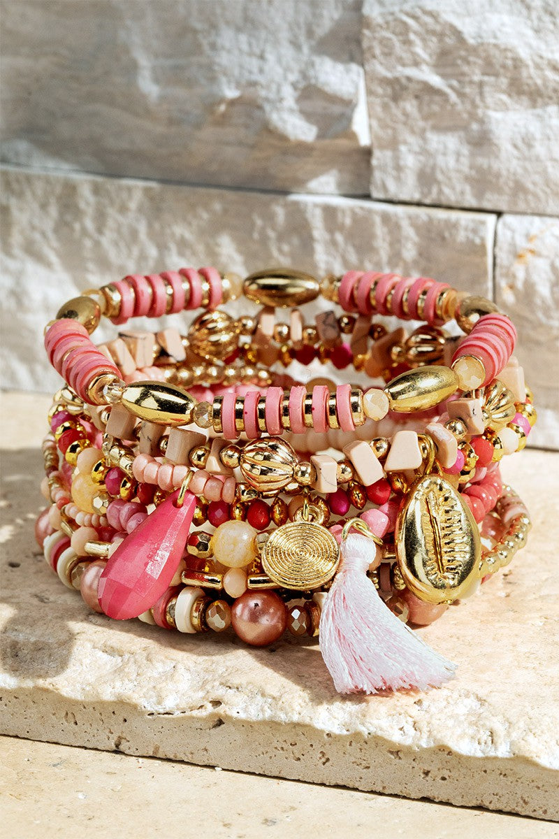 URBANISTA  10 Layered Rose Mixed Bead Stack Bracelets