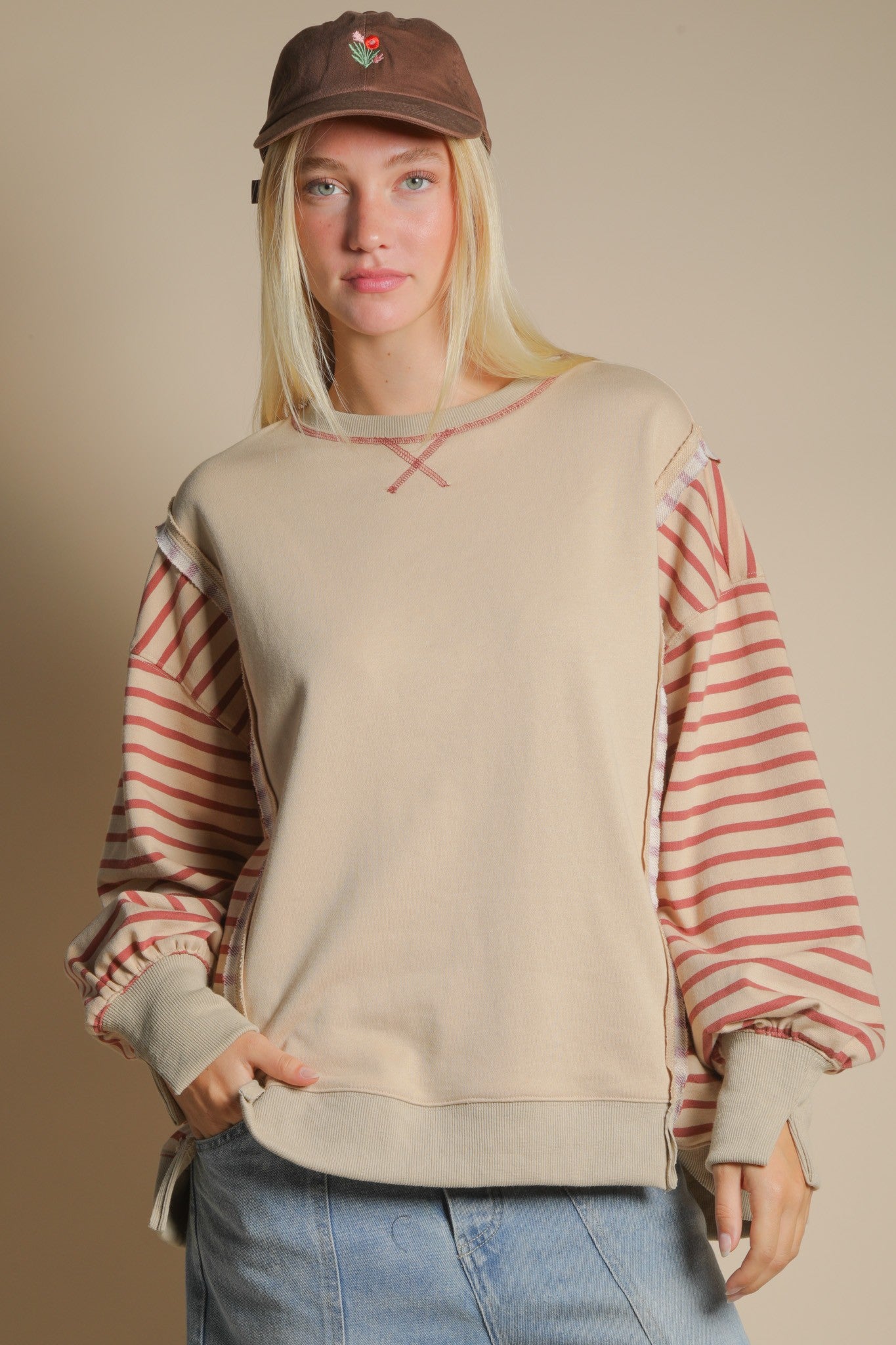VERY J Plus Size Oversized Striped Casual Knit Top