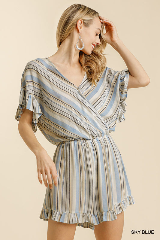 UMGEE Striped V-Neck Short Sleeve Romper with Ruffled Hem