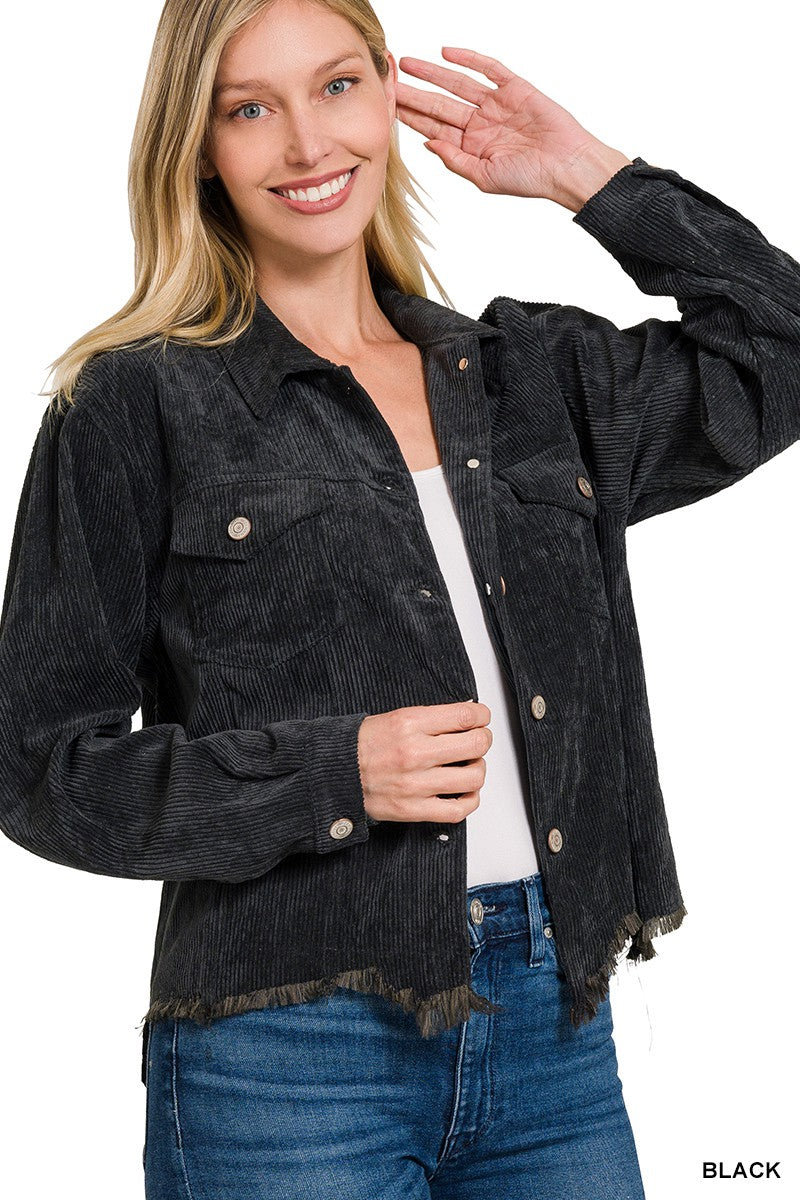 ZENANA Distressed Corduroy Frayed Hem Jacket