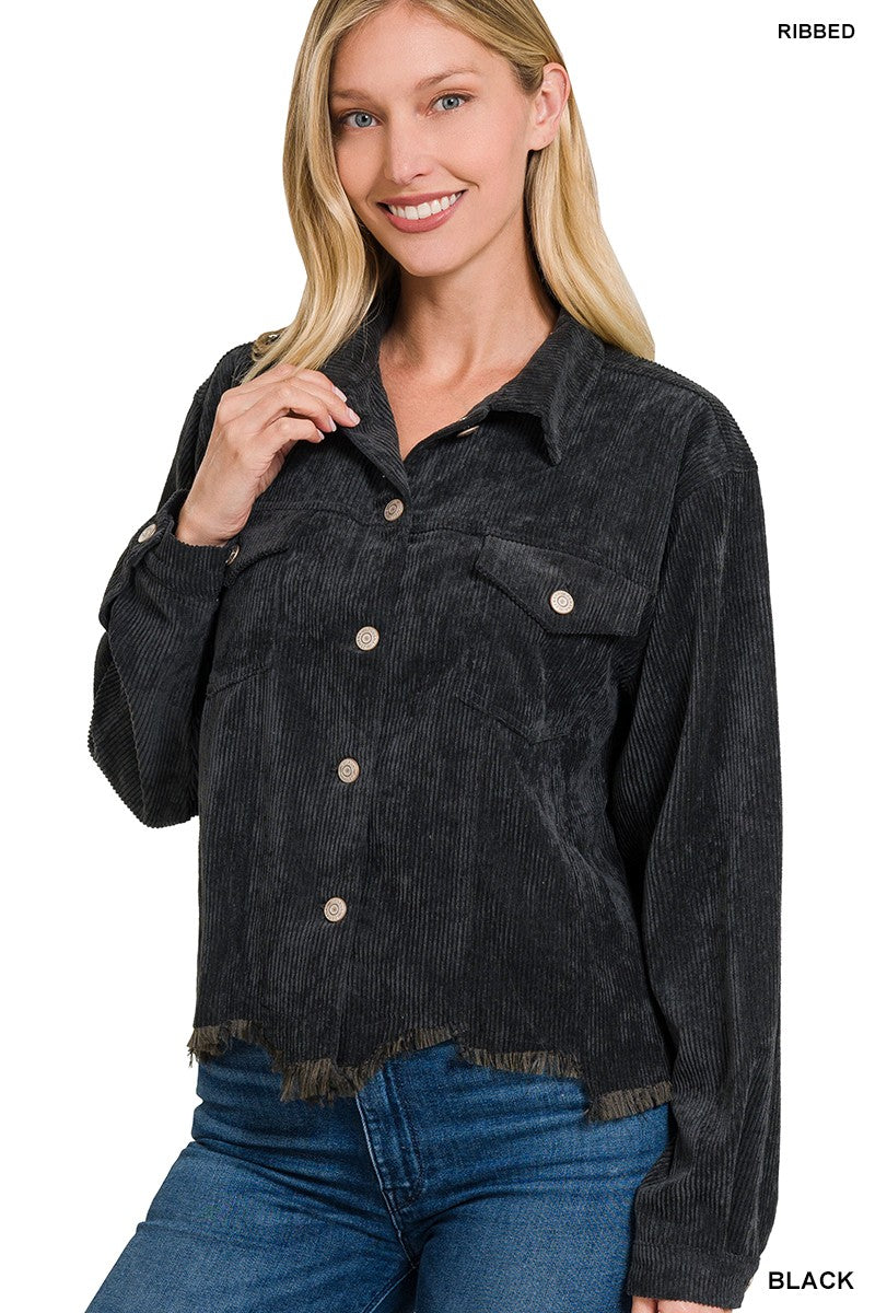 ZENANA Distressed Corduroy Frayed Hem Jacket