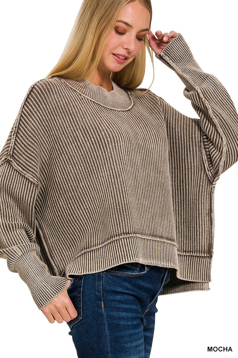 ZENANA Washed Side Slit Oversized Cropped Sweater