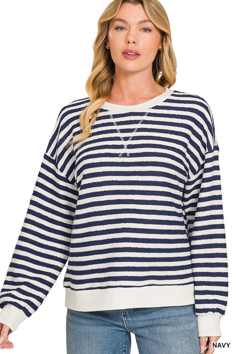 ZENANA Striped Rib Banded Pullover