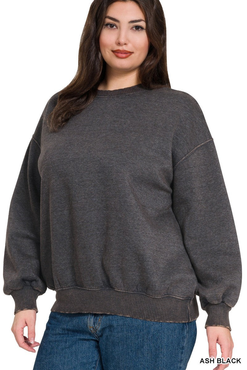 ZENANA Plus Acid Wash Fleece Oversized Pullover