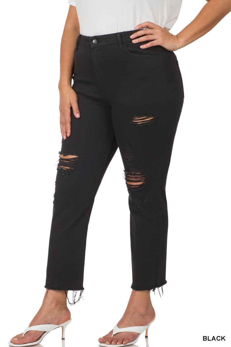 ZENANA Plus Distressed Cropped Denim Pants Black