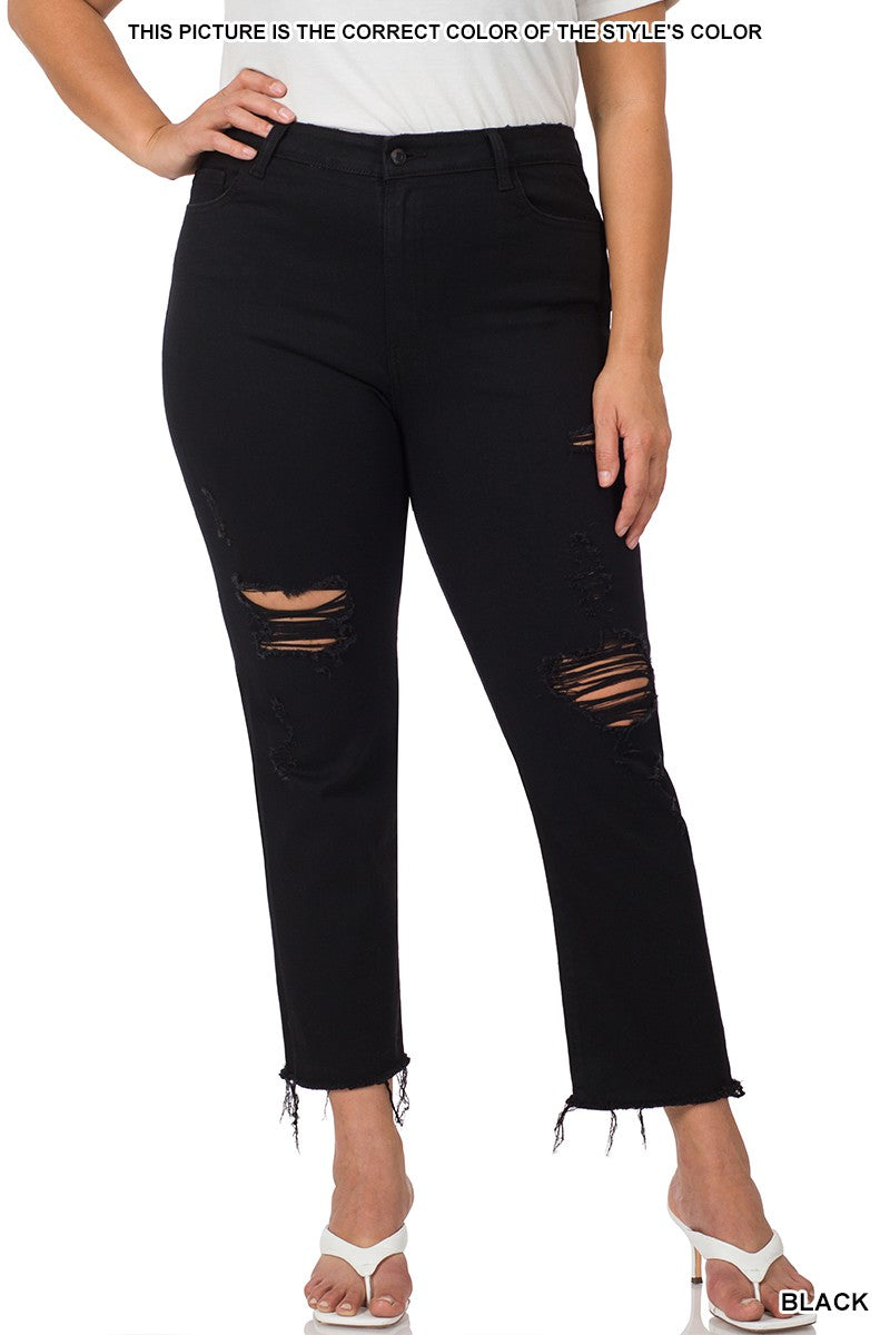 ZENANA Plus Distressed Cropped Denim Pants Black