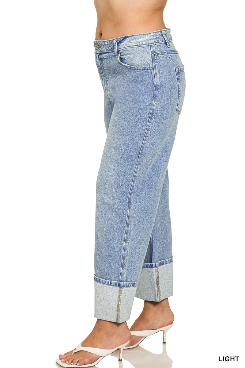 ZENANA Plus High Rise Cuffed Wide Leg Denim Jeans