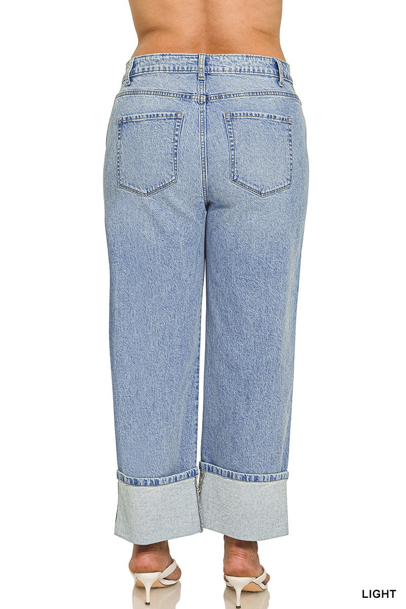 ZENANA Plus High Rise Cuffed Wide Leg Denim Jeans