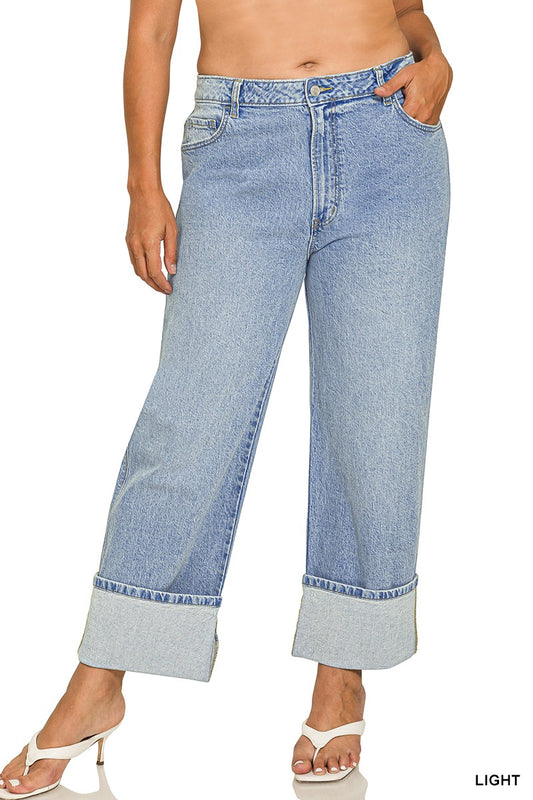 ZENANA Plus High Rise Cuffed Wide Leg Denim Jeans