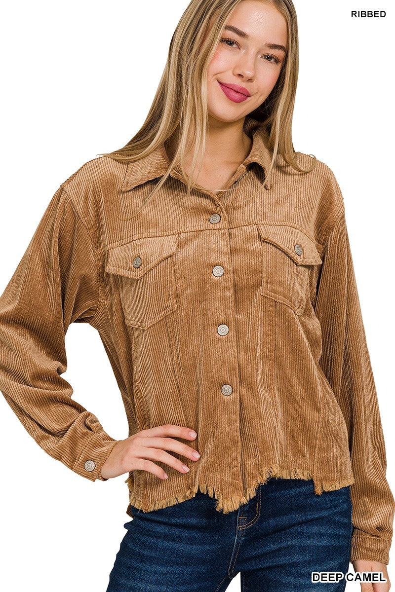 ZENANA Distressed Corduroy Frayed Hem Jacket