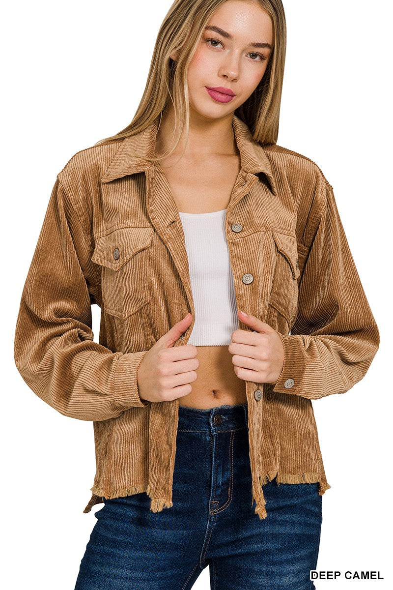 ZENANA Distressed Corduroy Frayed Hem Jacket