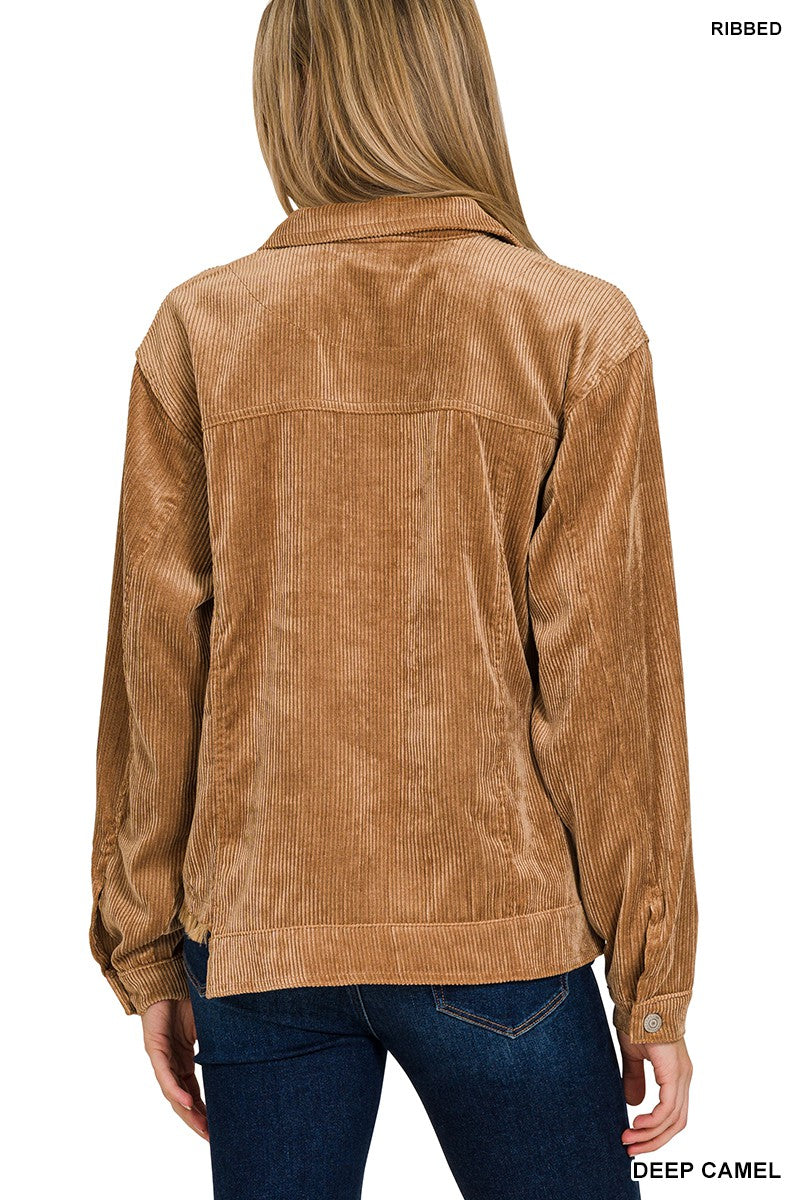 ZENANA Distressed Corduroy Frayed Hem Jacket