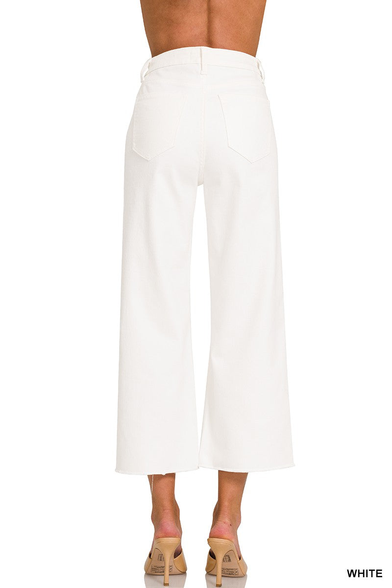 ZENANA High Rise Wide Leg Cropped White Denim Pants