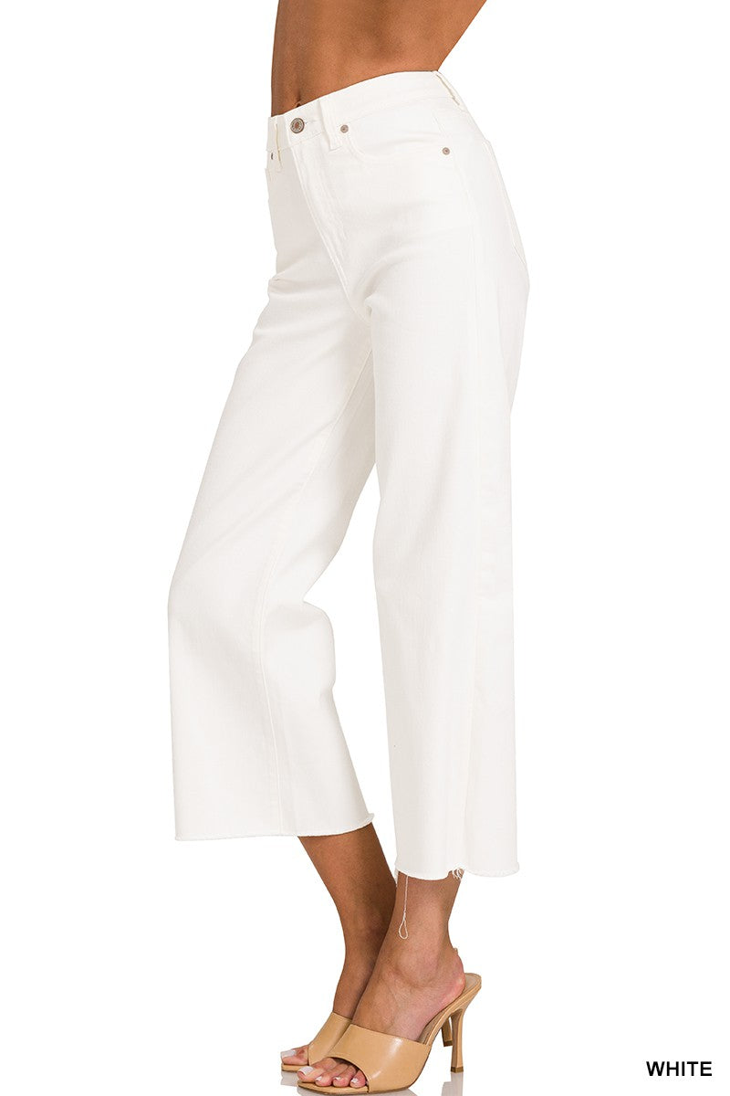 ZENANA High Rise Wide Leg Cropped White Denim Pants