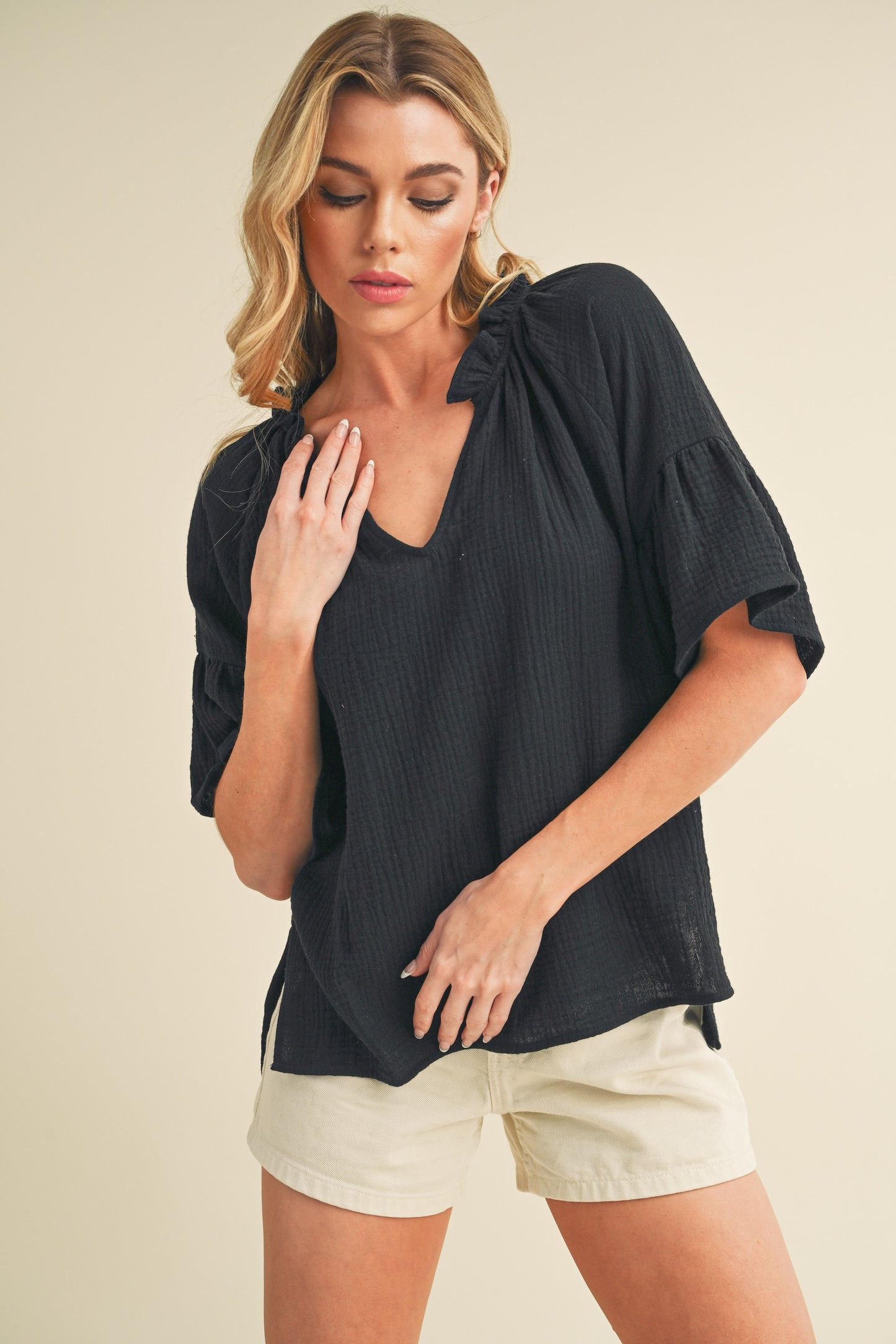 AEMI+CO Short Sleeve Ruffle Top