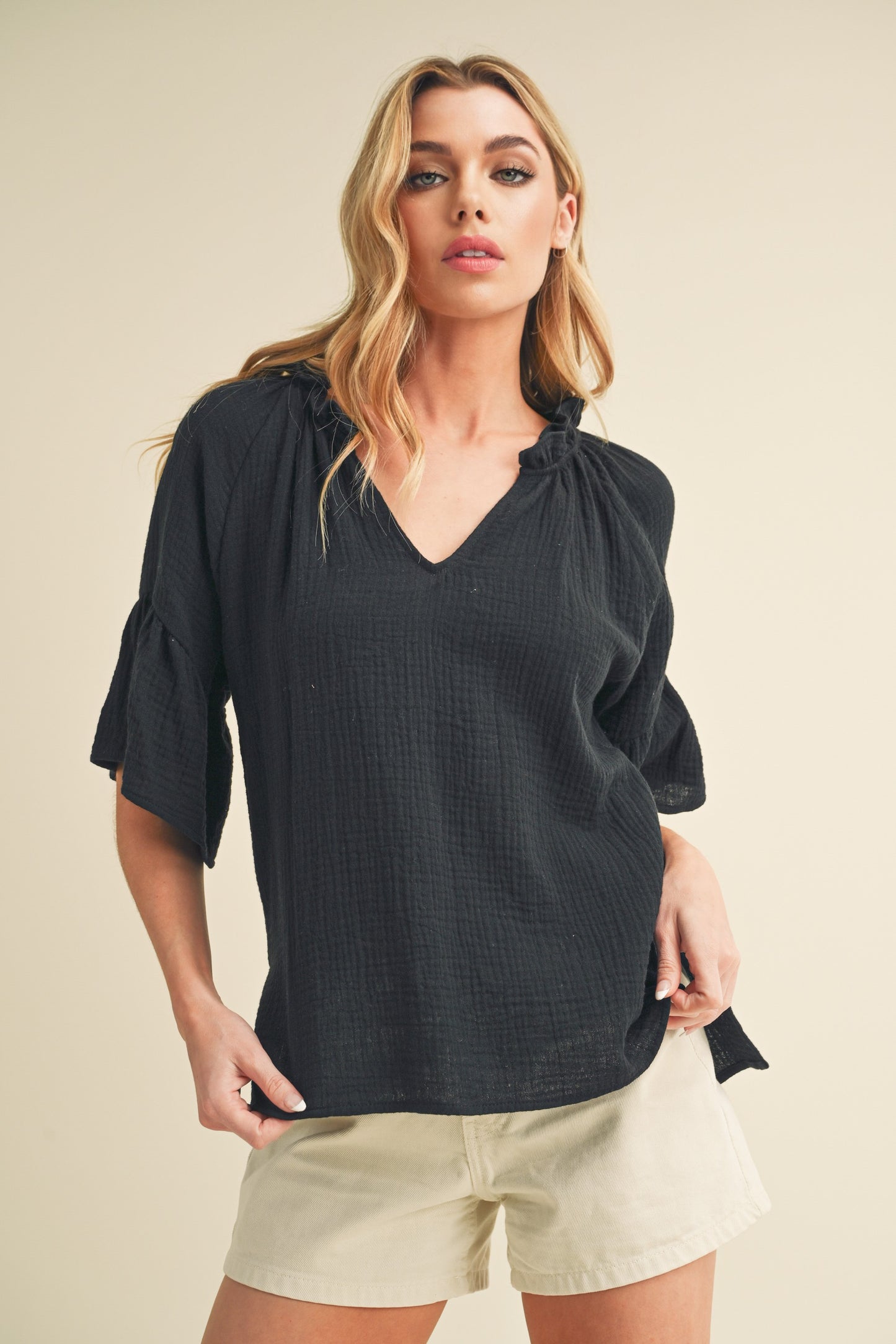 AEMI+CO Short Sleeve Ruffle Top