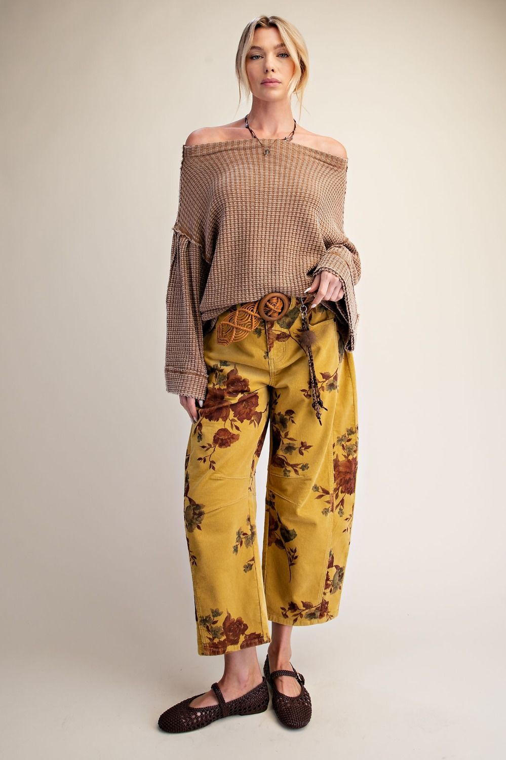 EASEL Washed Thermal Knit Off Shoulder Top
