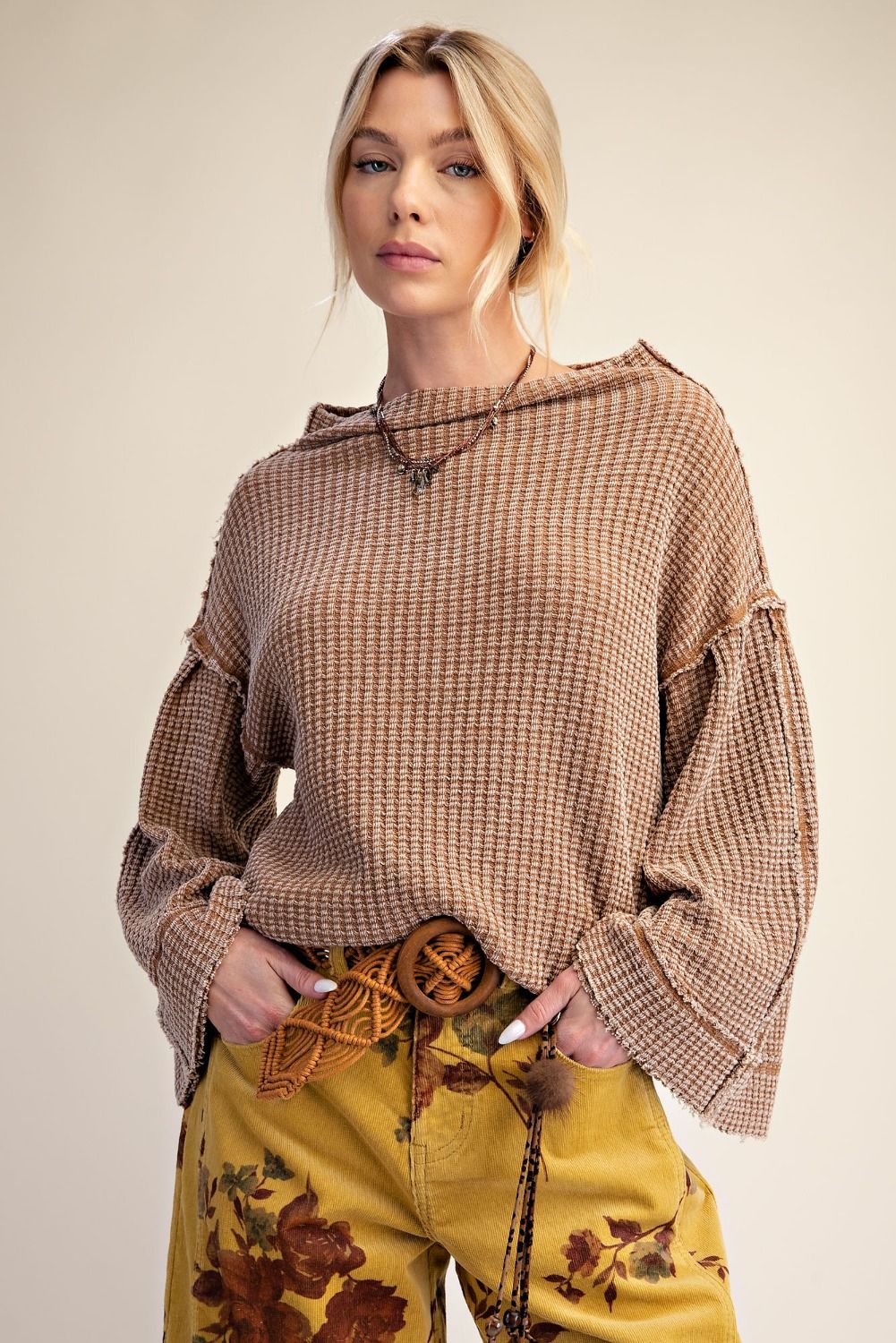 EASEL Washed Thermal Knit Off Shoulder Top