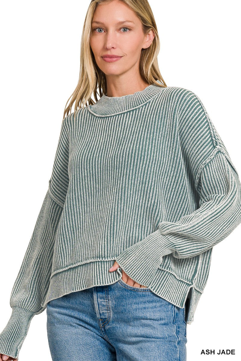 ZENANA Washed Side Slit Oversized Cropped Sweater