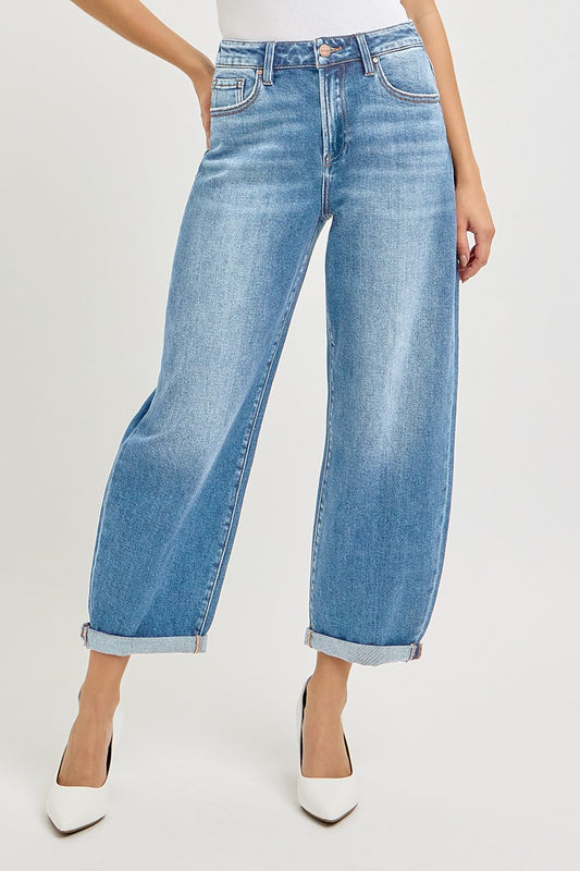 RISEN High Rise Crop Mild Barrel Cuffed Jeans
