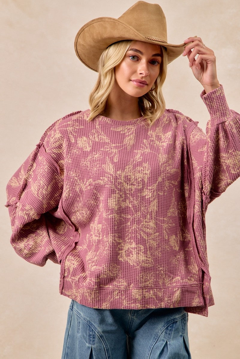 BIBI Floral Print Washed Oversized Waffle Top