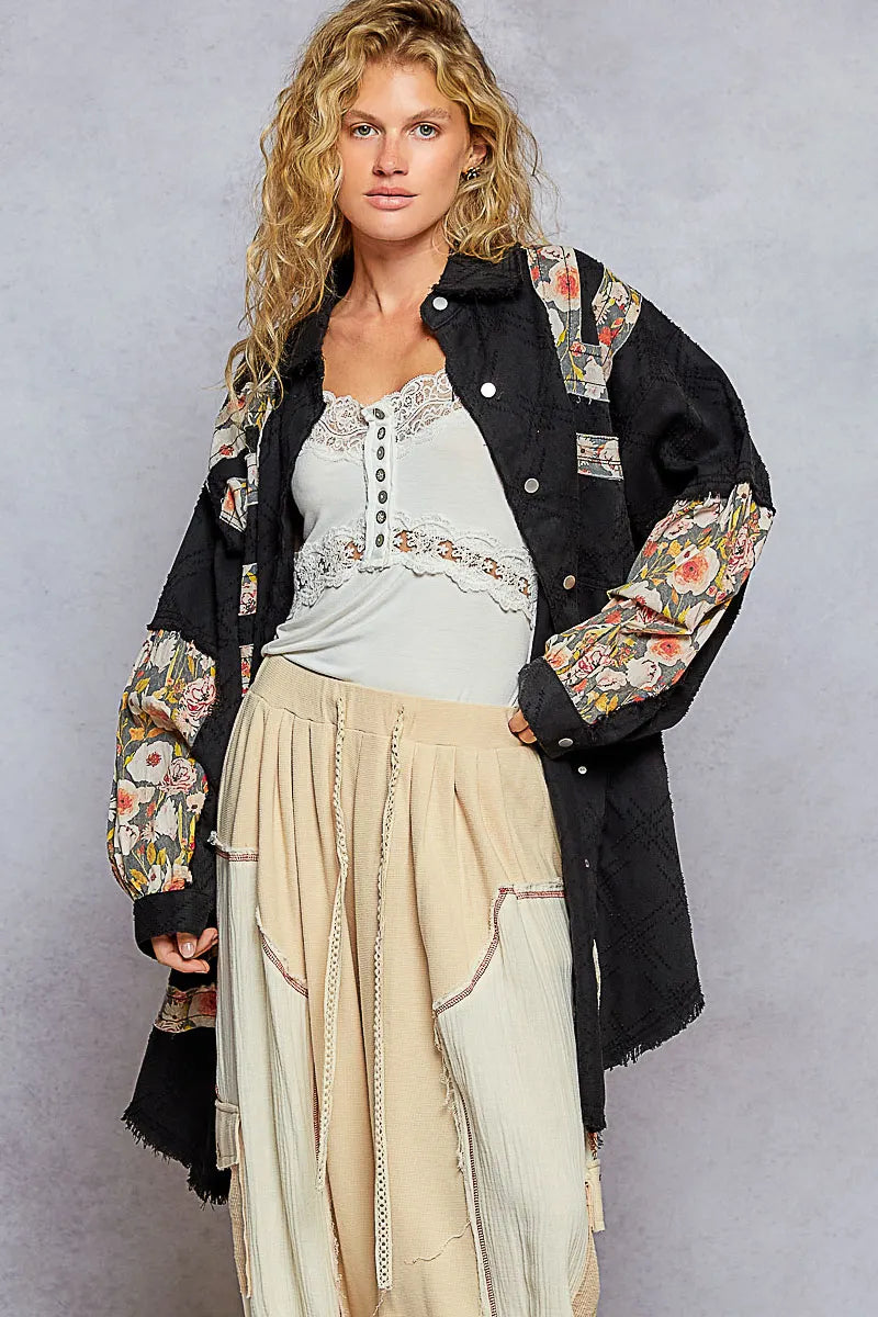 POL Floral and Black Long Shacket
