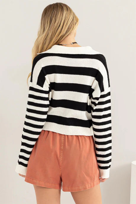 HYFVE Collared Black and Cream Striped Sweater