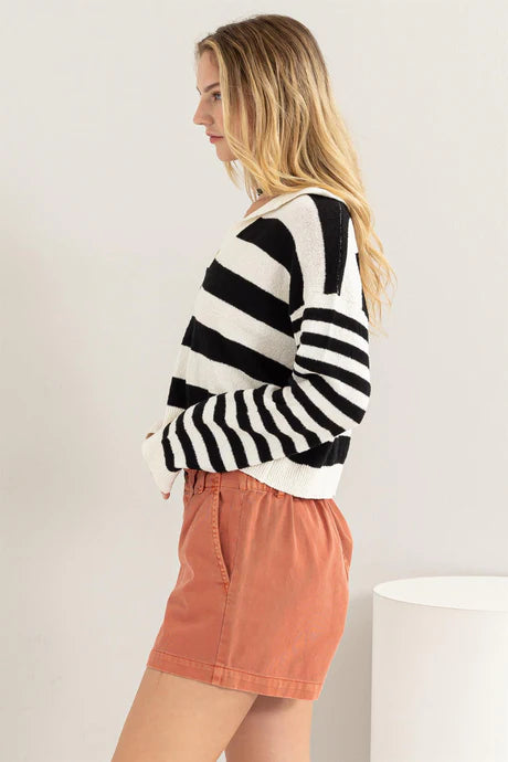 HYFVE Collared Black and Cream Striped Sweater