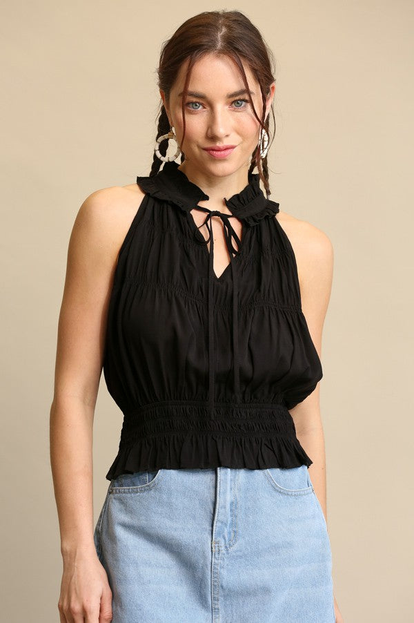 GIGIO Elastic Waist and Ruffle Detail Halter Neck Top