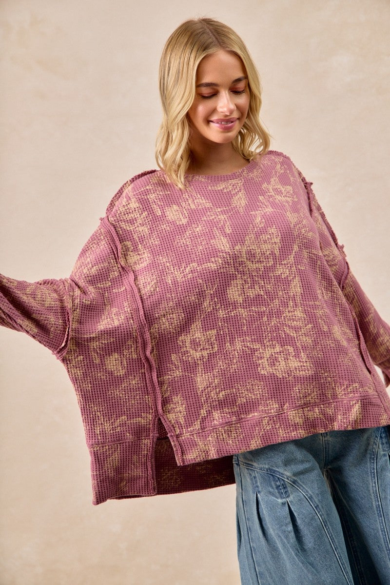 BIBI Floral Print Washed Oversized Waffle Top