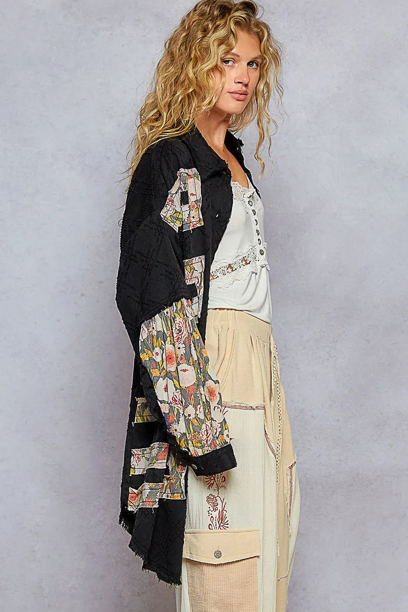 POL Floral and Black Long Shacket