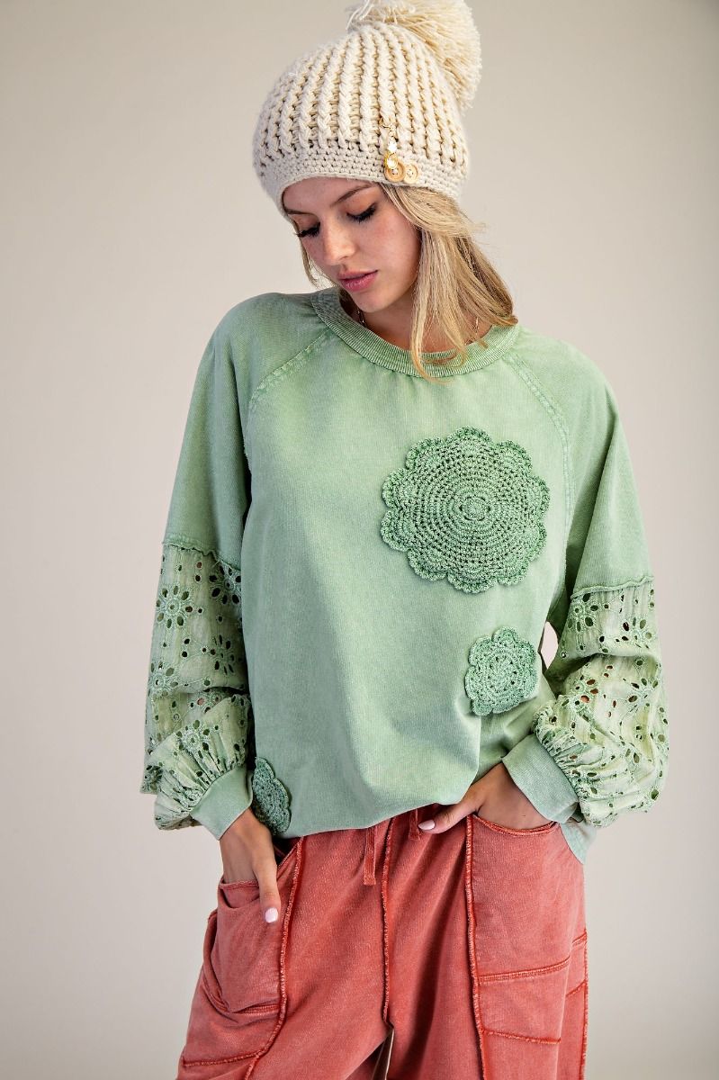 EASEL Eyelet Lace Washed Terry Pullover