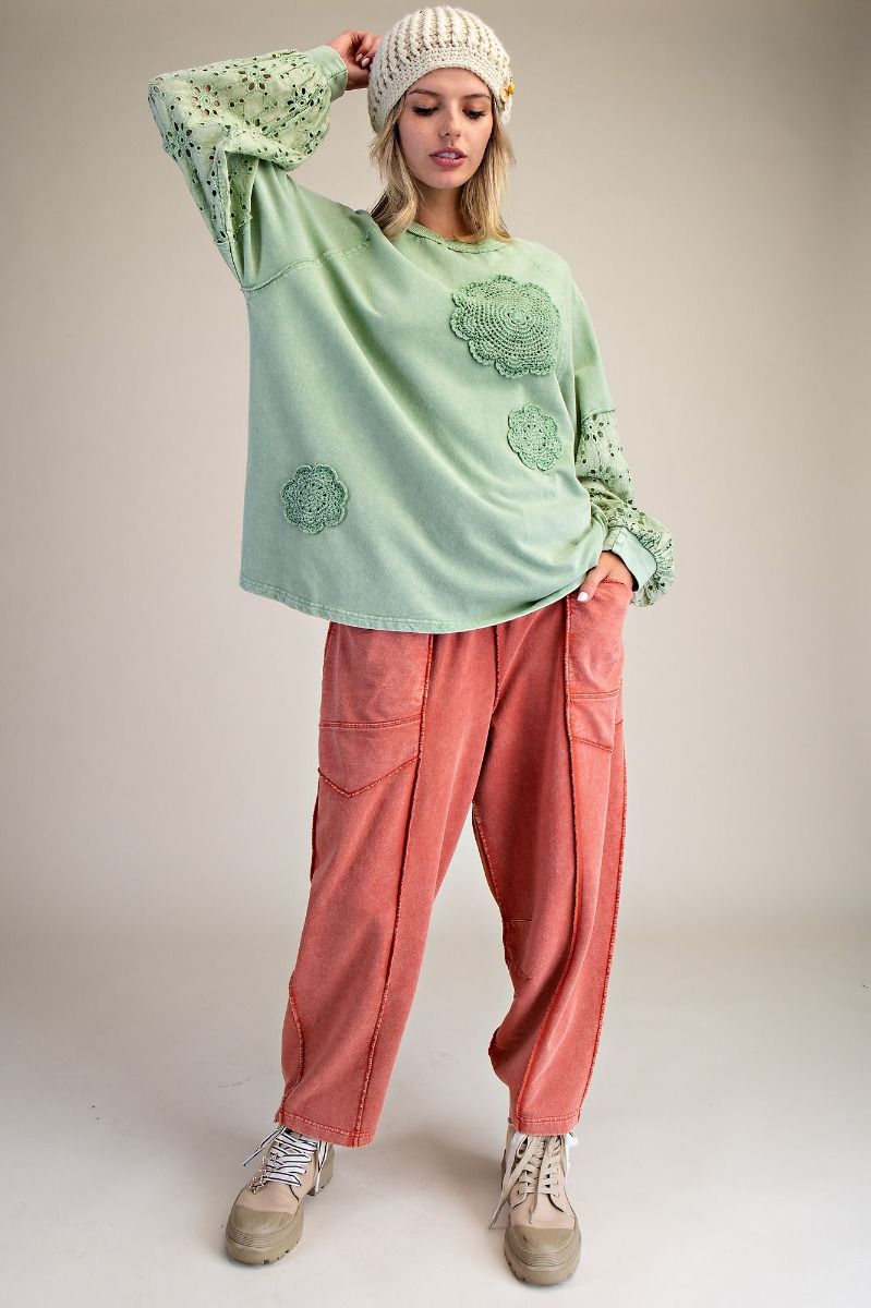 EASEL Eyelet Lace Washed Terry Pullover