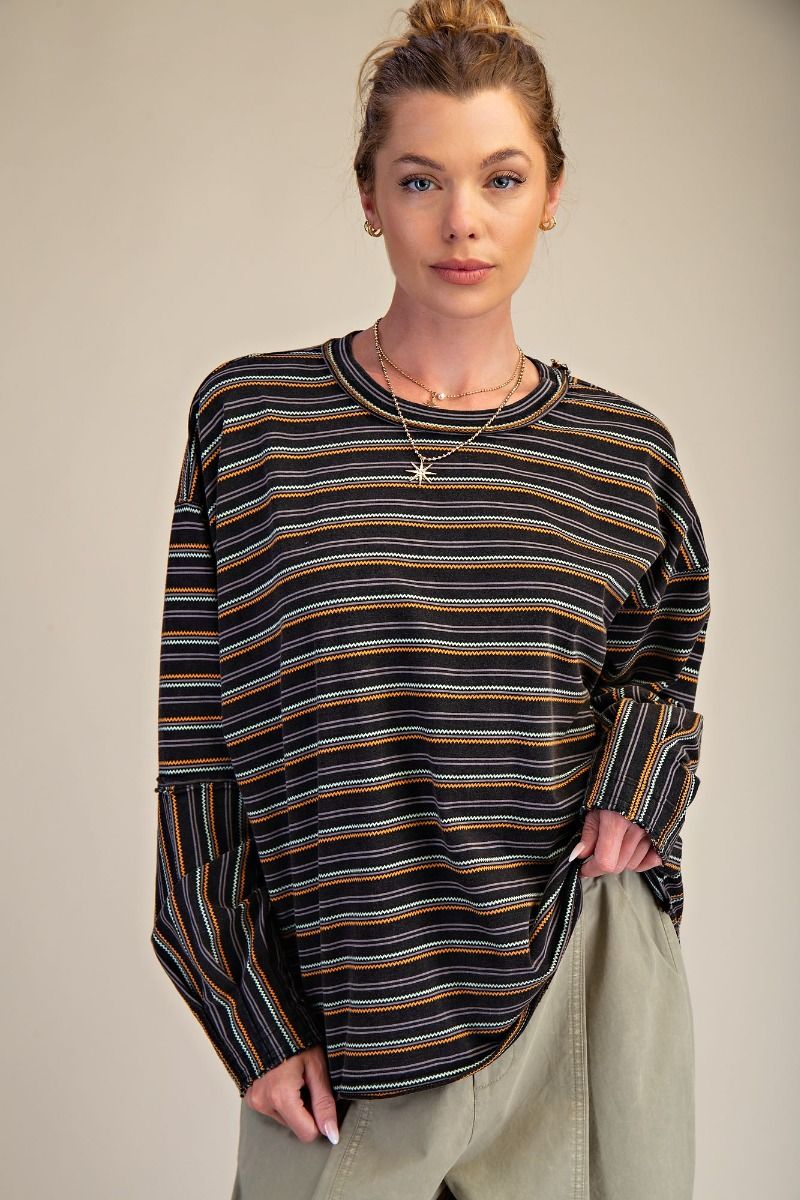 EASEL Striped Mineral Washed Knit Top