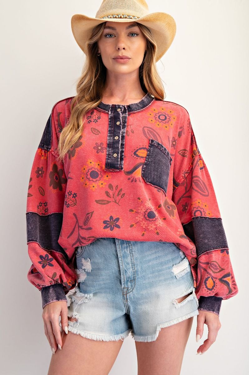 EASEL Floral Print Washed Terry Henley Top