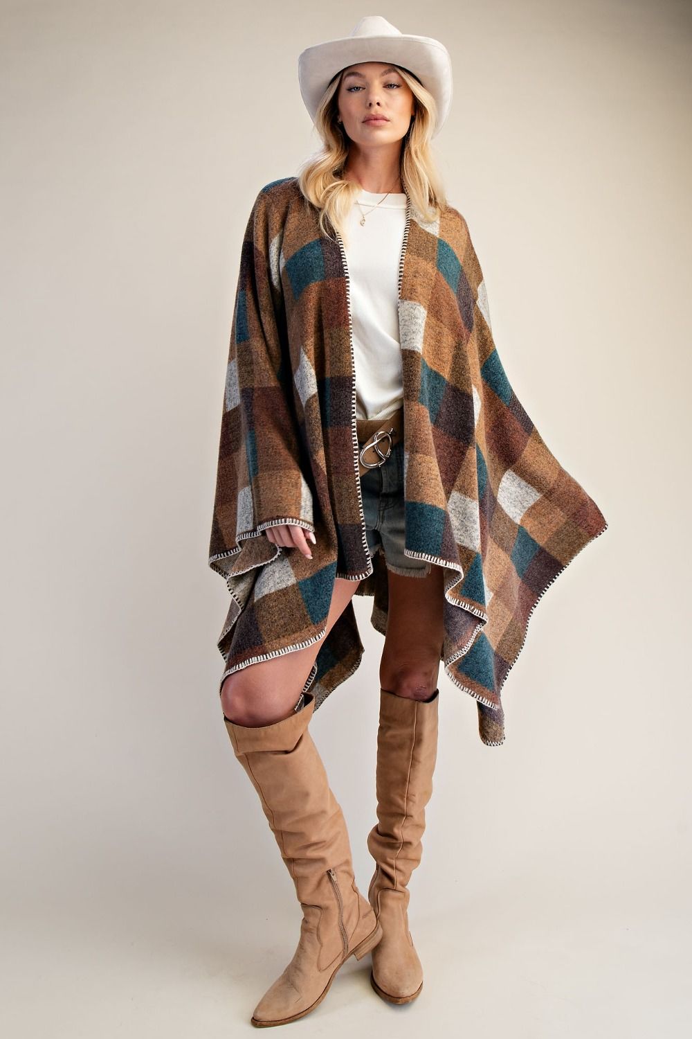 EASEL Plaid Pattern Brushed Hacci Oversized Cape